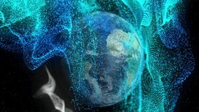 Upon start 3D Earth spinning with turquoise streams sweeping, revealing red rings marking 5 regions. Planetary, futuristic, digital, cosmos, visualization, connectivity, technology - Powered by Shutterstock - Get 15% off with code: PIKWIZARD15