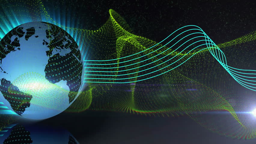 Globe appearing, rotating, neon lines shooting, cosmic 3D waves undulating showing data flow. Technology, data visualization, digital universe, abstract, futuristic, motion graphics, science - Powered by Shutterstock - Get 15% off with code: PIKWIZARD15