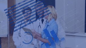 Nurse tapping tablet in clinic showing bar graphs turning into pie charts with percentage labels. Collaboration, data visualization, technology, healthcare, analysis, medical team, digital - Powered by Shutterstock - Get 15% off with code: PIKWIZARD15