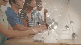 Call center agents typing data under pulsing data overlay while agent clicking headset to end call. Collaboration, communication, technology, professional, productivity, futuristic, corporate - Powered by Shutterstock - Get 15% off with code: PIKWIZARD15