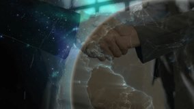 Business partners shaking hands starting digital globe rotating showing pulsing network lines. Collaboration, connectivity, technology, professionalism, innovation, global, partnerships - Powered by Shutterstock - Get 15% off with code: PIKWIZARD15