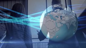 Business colleagues initiating rotating data globe while descending stairs and tracking analytics. Corporate, innovation, technology, collaboration, global, digital, futuristic - Powered by Shutterstock - Get 15% off with code: PIKWIZARD15