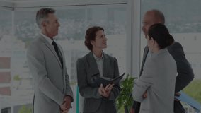 Businesswoman swiping tablet and activating hologram globe for discussion as colleagues leaning in. Technology, innovation, teamwork, digital, corporate, futuristic, communication - Powered by Shutterstock - Get 15% off with code: PIKWIZARD15