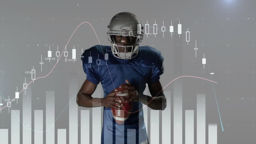 Football player pumping arms and syncing animated financial charts to illustrate performance data. Athlete, sports, data, analysis, strategy, tech, motion - Powered by Shutterstock - Get 15% off with code: PIKWIZARD15