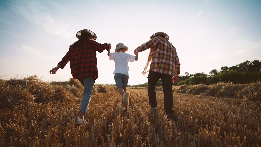 Summer in countryside, farmer family enjoying simple life, parents and kids. Children, mother and father walking together farmland during harvesting, family business in agriculture, eco farming