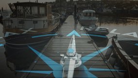 Emerging holographic compass rose arrow aligning dock while rotating RELAX text calming marina. Futuristic, serenity, navigation, technology, ambiance, tranquil, marina - Powered by Shutterstock - Get 15% off with code: PIKWIZARD15