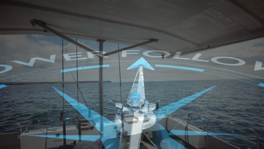 Digital compass overlay entering view, rotating while arrow pivoting toward LEADER for navigation. Navigation, sailing, marine, technology, adventure, exploration, voyage