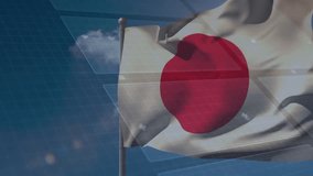 Gentle breeze lifting Japanese flag on silver pole with shifting HUD panels showing data interface. Patriotism, technology, futurism, data visualization, digital interface, innovation, outdoor - Powered by Shutterstock - Get 15% off with code: PIKWIZARD15