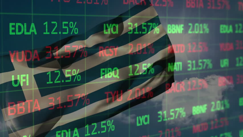 Wind-triggered Greek flag rippling over transparent grid as tickers updating to show market changes. Patriotism, finance, market, data, technology, digital, economy - Powered by Shutterstock - Get 15% off with code: PIKWIZARD15