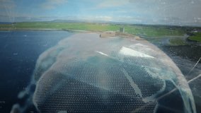 Aerial view sparking digital globe forming beside harbor tower, beams extending linking data points. Technology, connectivity, innovation, future, communication, network, digitalization - Powered by Shutterstock - Get 15% off with code: PIKWIZARD15