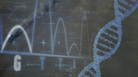 Pickup truck entering field kicking dust while DNA sequencing graph cycling peaks and helix pulsing. Agriculture, science, data visualization, biotechnology, rural, innovation, diagnostic - Powered by Shutterstock - Get 15% off with code: PIKWIZARD15