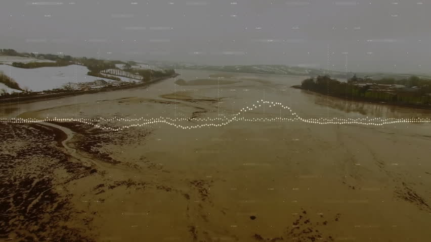 On audio start, animated waveform pulsing over estuary, mapping peaks to visualize sound levels. Nature, landscape, visualization, digital art, serenity, wintry, organic