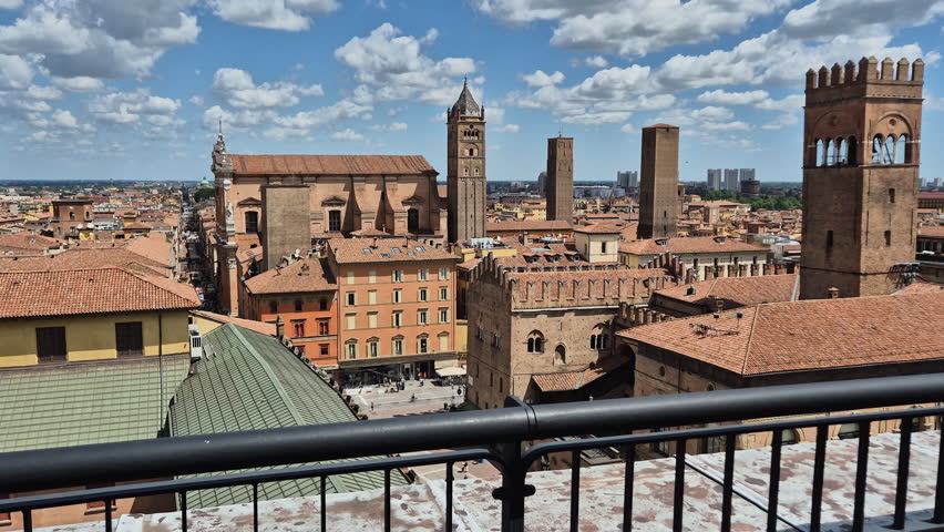 Aerial cityscape view above Piazza Maggiore in Bologna, Italy
