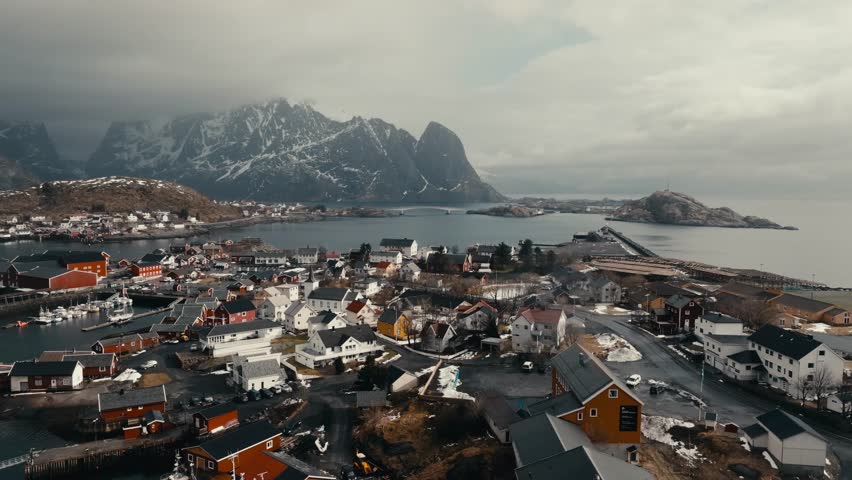 Reine Fishing Village At Moskenesoya Island In Nordland, Norway. - aerial shot