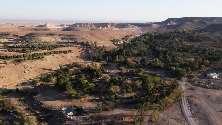 Neaot Smadar kibbutz in the Arava desert aerial view over harsh rural Israel agriculture landscape