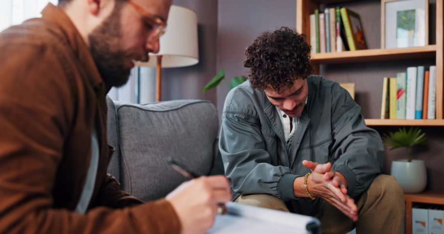 Therapy, happy and man on sofa listening with good results for consulting, counseling session and help. Psychology, mental health and therapist with patient with notes for support and evaluation