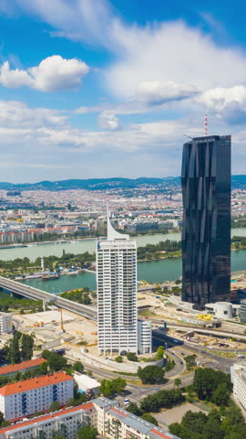 sunny day vienna city downtown riverside aerial vertical panorama 4k timelapse austria