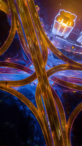 night illuminated shanghai city famous traffic road junction down view aerial vertical panorama 4k time lapse china