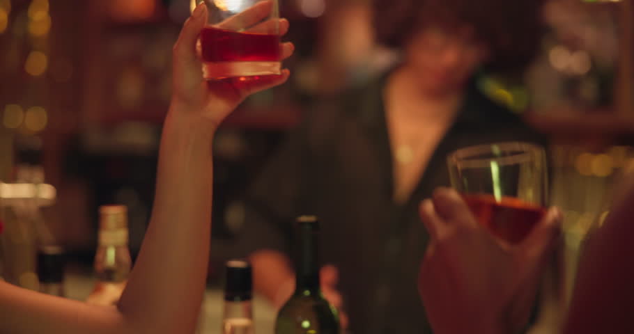 Friends, drink and toast with people at a pub for celebration, fun or night out at bartender counter. Women, cheers and alcohol glass at bar or nightclub for drinking, social event and party