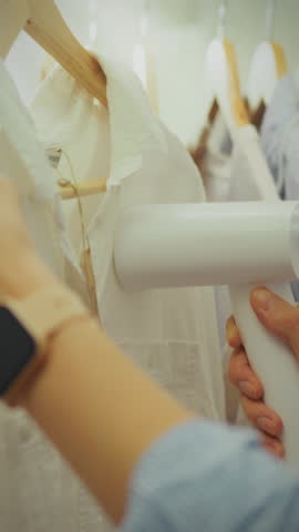 A worker at a European boutique uses a hand-held iron steamer to remove wrinkles from a garment. This activity enhances the appearance of clothing for customers