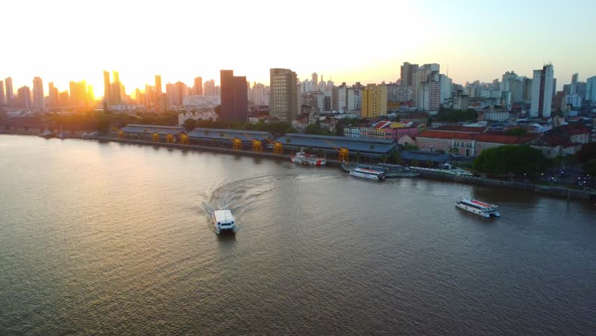 Picturesque sunset over Amazon waterfront skyline in Belem, Brazil, aerial