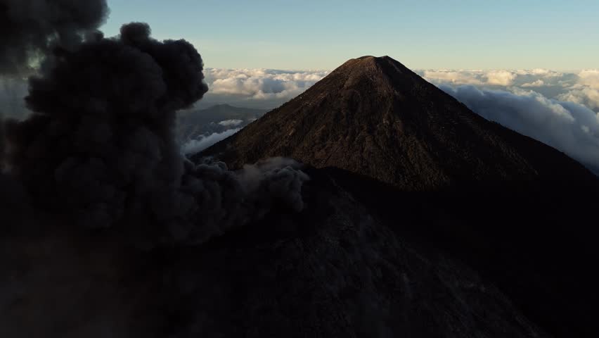 Eruption of Fuego volcano in Guatemala, aerial view