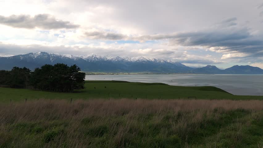 Aerial: Kaikoura Peninsula landscape, mountain range and oceanfront during the day in New Zealand, establishing drone shot