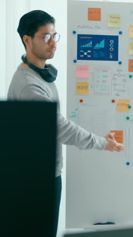 Vertical Screen : Group adult Asia male female software developers mentor leader manager talk strategy plan executive write prompt AI bot app nomad, video game, data center. Whiteboard slideshow code.