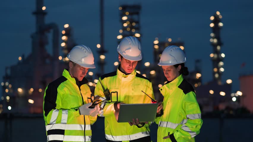 Factory Worker, Oil Refinery Engineer, and Inspection Crew Working Together During Night Shift to Monitor Petroleum Pipelines and Equipment in Fuel Plant.