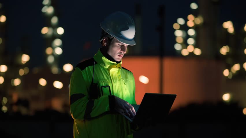 Factory Worker, Technician Man, and Industrial Engineer Using Laptop to Monitor Production Line During Overtime Night Shift at Outdoor Factory Area