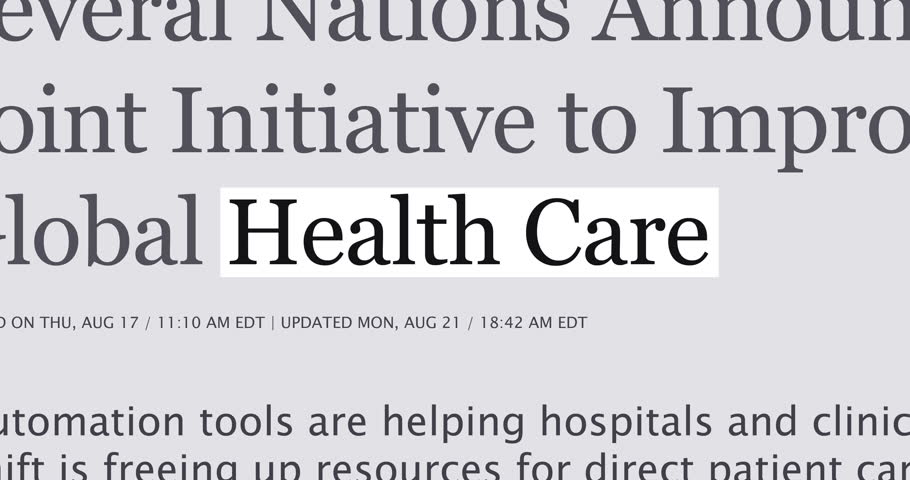 Health care in the news titles across international media, changing media headlines with medical insurance and healthcare topic, news overview, loop footage