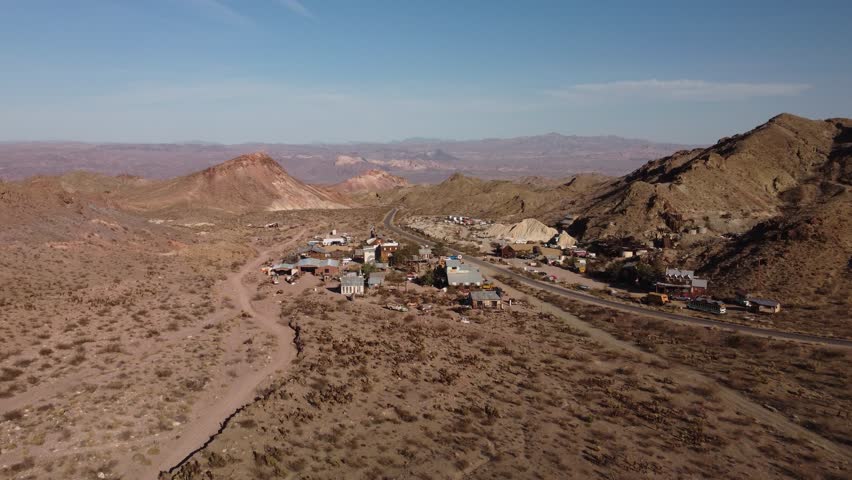 Drone flight West to East over the famous Nelson ghost town in Eldorado Canyon, Nevada