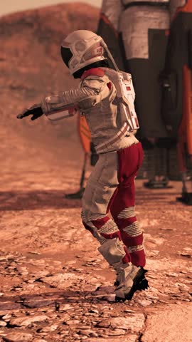 Astronaut dancing with rhythmic movements on Mars red desert surface. Creative space exploration concept combining dance performance with alien planet landscape.