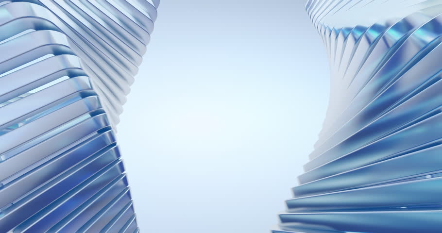 Abstract 3D rendering of two futuristic metallic structures with twisting, spiraling shapes against a light blue background, suggesting technology, innovation, and modern design.