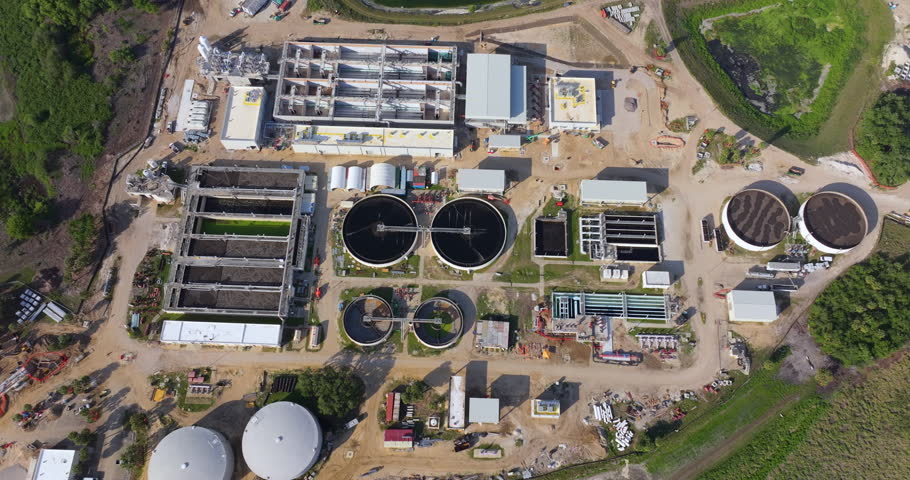 Large water treatment facility in Florida, USA. Industrial infrastructure for municipal water purification and wastewater processing.