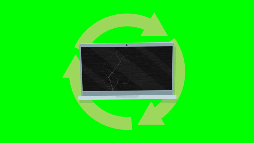 Animation loop of a flat design Broken laptop with the 3 green circular recycling arrows rotating around it on green screen with alpha channel
