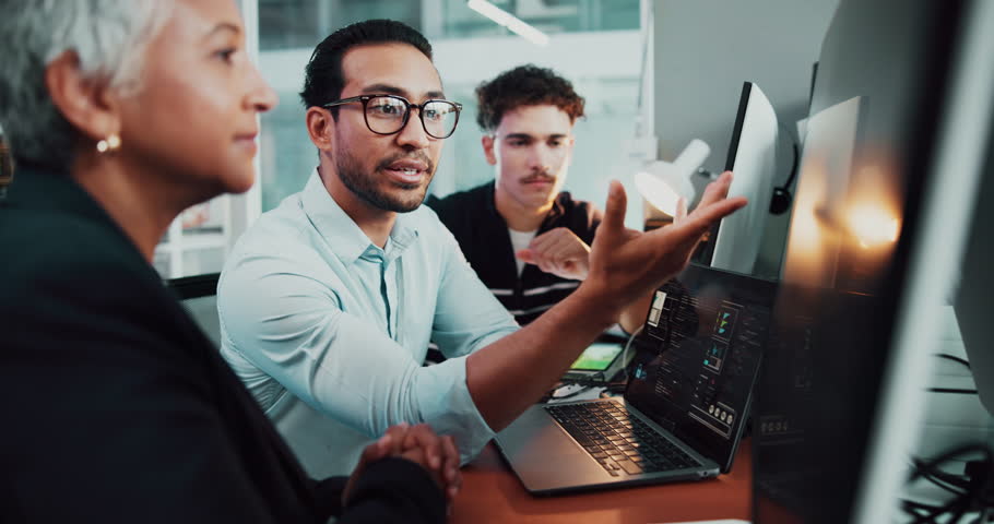 Coding, laptop and people in group discussion in office for help, web development or training with mentor. Team, planning and programmer with idea for software project, coaching and business advice