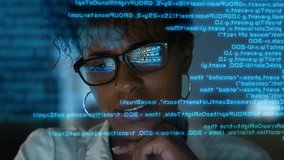 African American Female Software Developer Working on Computer, Line of Code Projected on Her Face. Augmented Virtual Reality. Futuristic Technology. - Powered by Shutterstock - Get 15% off with code: PIKWIZARD15