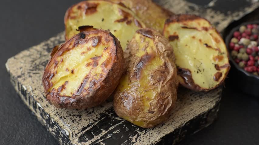 Food, potatoes cut in halves or slices grilled. Cooked baked potatoes with salt and spices