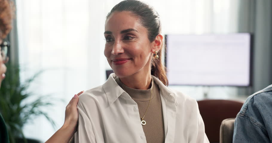 Business, sad woman and empathy with therapy in office for mental health, grief and support. Group counseling, employees and person with depression for rehabilitation, recovery and safe space at work