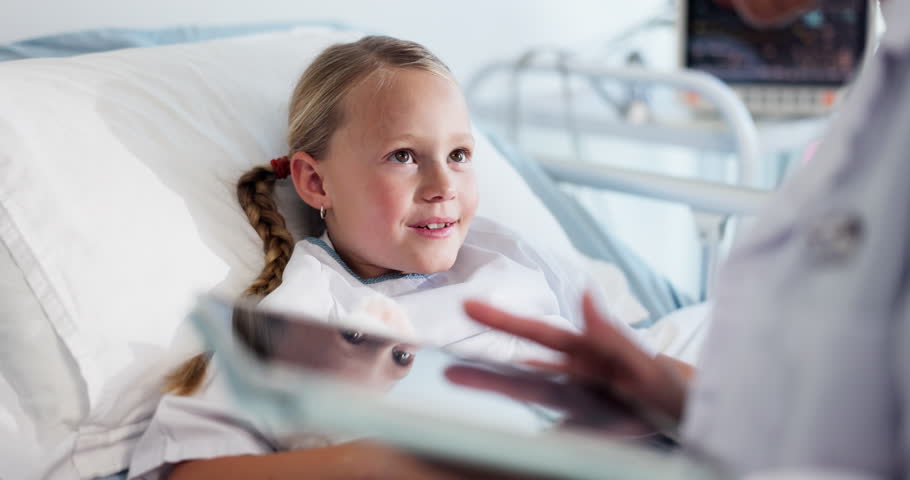 Hospital, bed and doctor on tablet with girl for medical service, consulting and recovery. Healthcare, pediatrics and woman on tech with child for surgery, procedure results and patient diagnosis