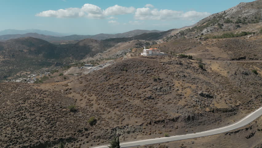 Tiny Mountain Church Crete Greece Amongst Mountains Drone Track In 4K 60FPS