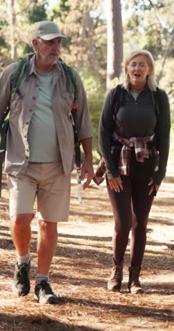 Senior couple, hiking and help for knee pain, rest and injury with talk, love and adventure in woods. People, support and stop on trail, fatigue and inflammation for trekking in retirement in Greece