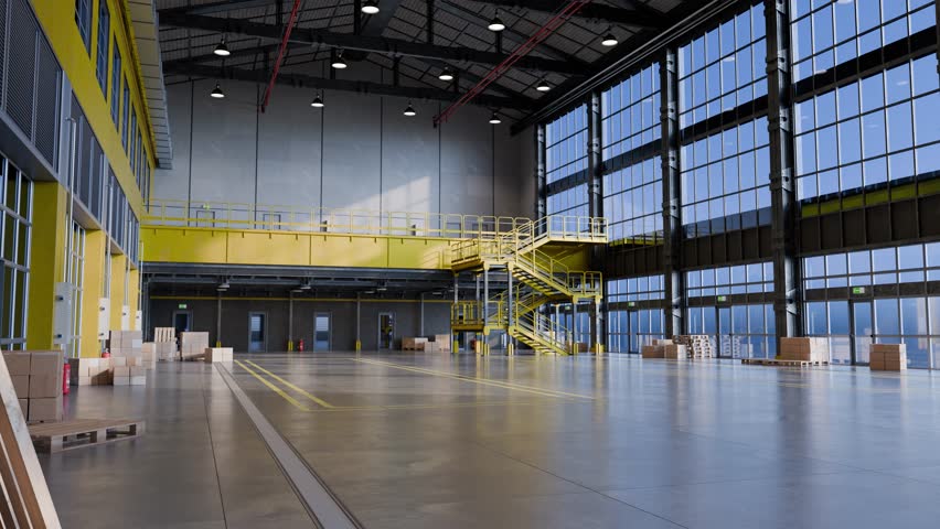 Sunlight streams into a large, empty warehouse, illuminating the space and highlighting architectural details