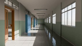 Bright sunlight streaming through windows, casting soft shadows across empty school corridor with open doors and rows of lockers, revealing peaceful interior space - Powered by Shutterstock - Get 15% off with code: PIKWIZARD15