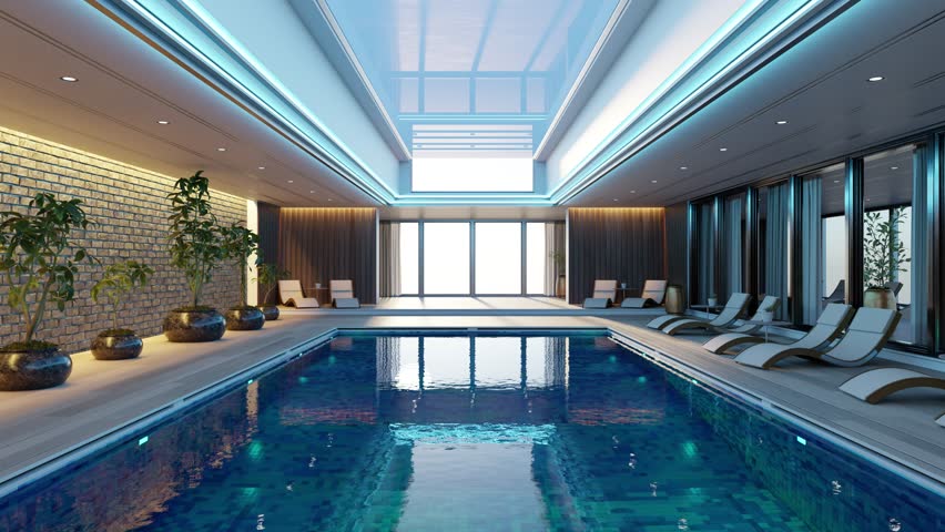 Empty indoor swimming pool with deck chairs and skylight, perfect for relaxing and enjoying a swim