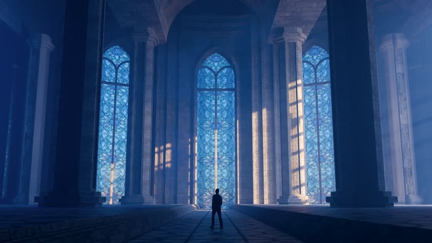 Confident businessman standing in ornate, sunlit hall, gazing thoughtfully at illuminated stained glass window, embodying architectural grandeur and personal aspiration