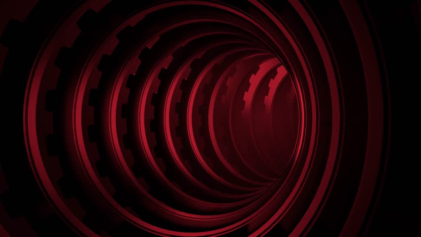 3D render seamless loop animation of futuristic sci fi tunnel with rotating colorful gear shaped rings and metallic lighting