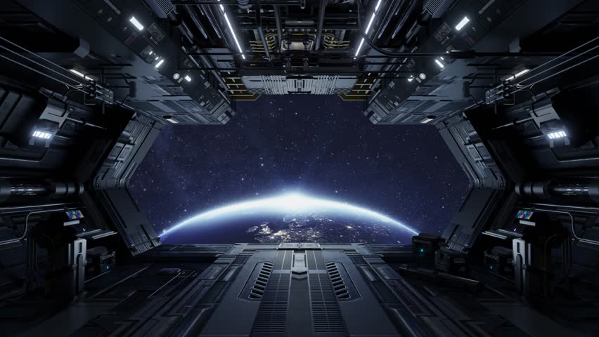 3D animation render of futuristic spaceship interior with open hangar bay overlooking earth glowing with light
