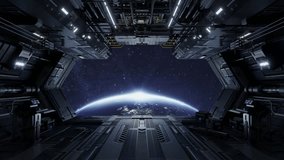 3D animation render of futuristic spaceship interior with open hangar bay overlooking earth glowing with light - Powered by Shutterstock - Get 15% off with code: PIKWIZARD15